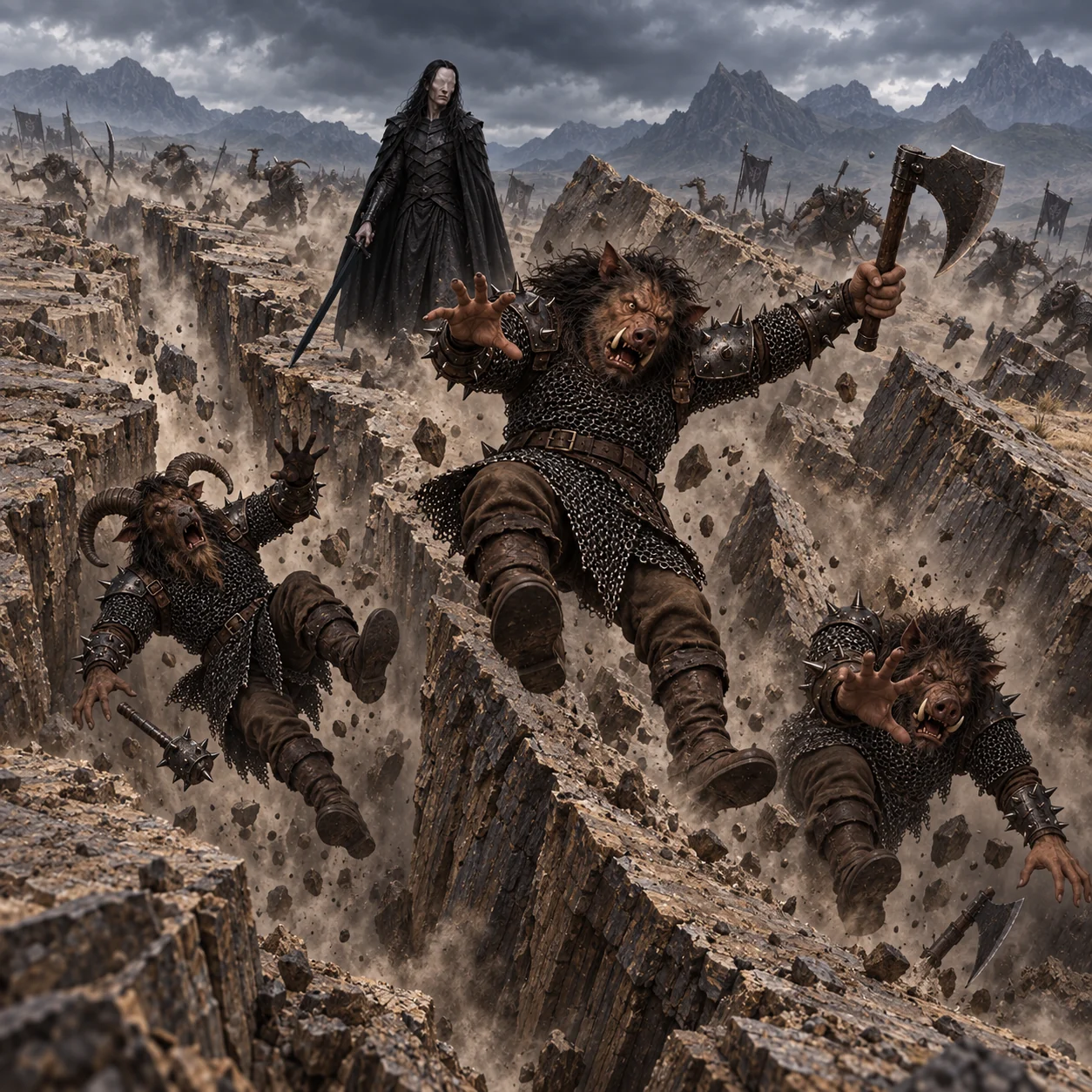 Sundering Weave: the ground splits open beneath a band of Trollocs
