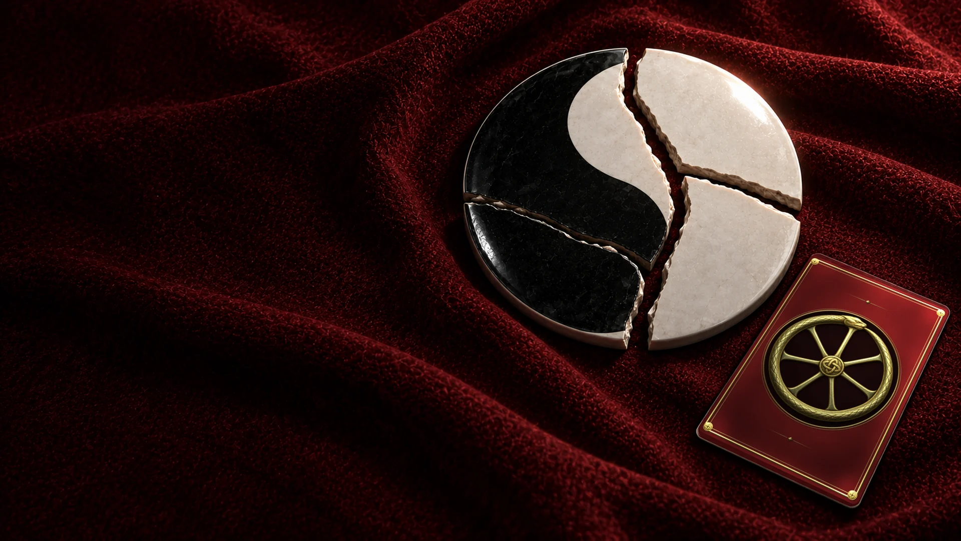 A broken black-and-white seal on red velvet beside a Wheel card